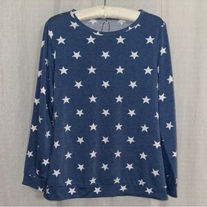 Blue White M Country Star Cotton Blend Terrycloth Pullover Inner Long Sleeve Top